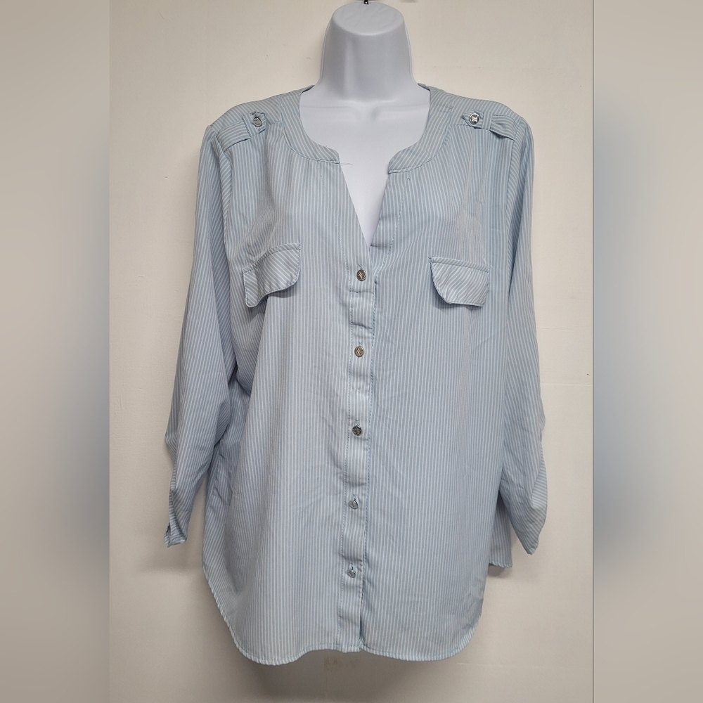 Adrienne Vittadini Flowy Blouse Top Pinstripe XL Button Down
